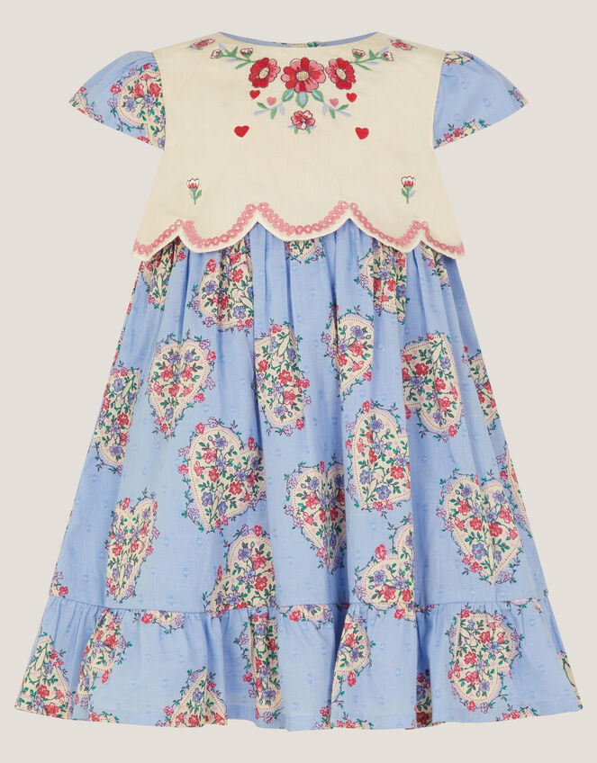 Baby Heart Print Embroidered Panel Dress, Blue (BLUE), large