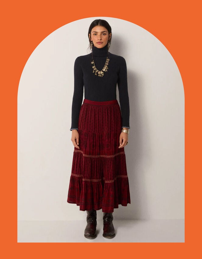 Maison Hotel Josephine Floral Tiered Maxi Skirt, Red (RED), large