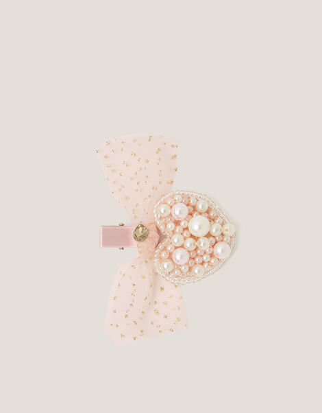Pearl Heart Bow Hair Clip, , large