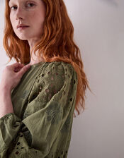 East Tasia Broderie Anglaise Midi Dress, Green (OLIVE), large