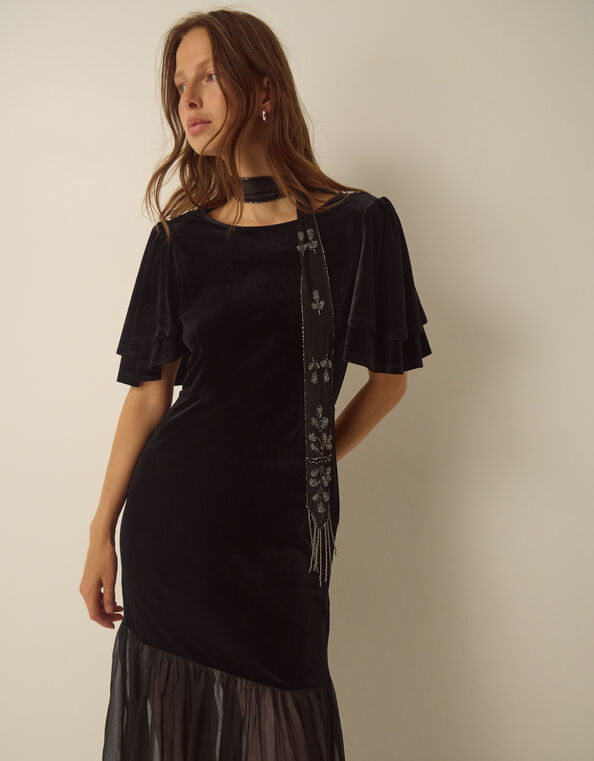 Vixie Flutter Sleeve Velvet Chiffon Midi Dress, Black (BLACK), large