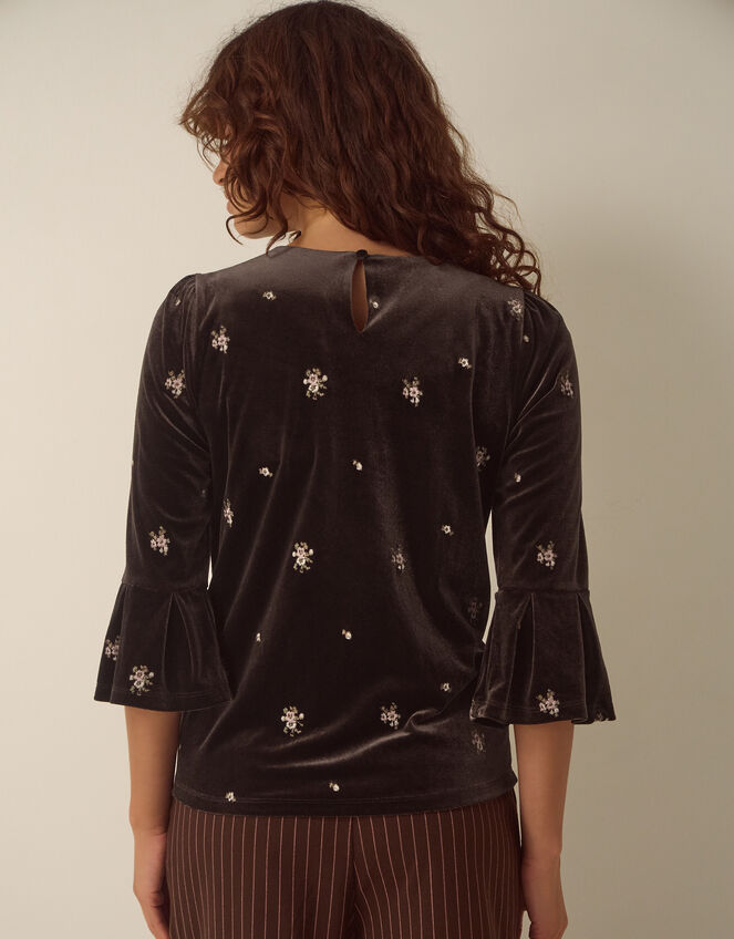 Emilee Flute Sleeve Embroidered Velvet Top, Brown (CHOCOLATE), large