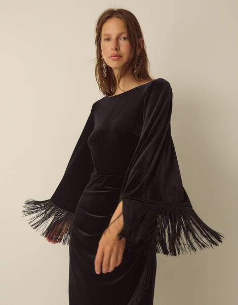 Tara Long Sleeve Fringe Velvet Midi Dress, Black (BLACK), large