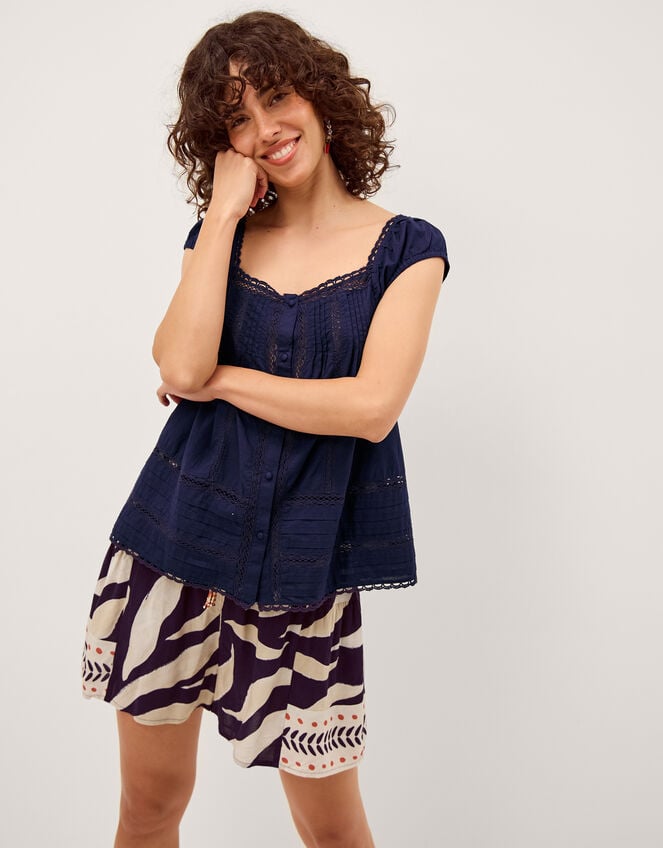 Olivia Lace Trim Top, Blue (NAVY), large