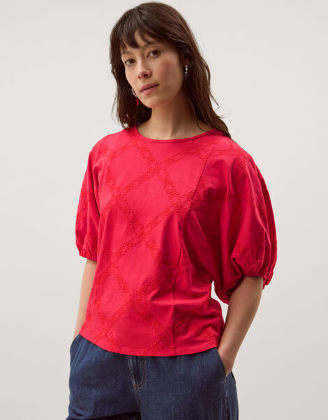 Ellie Puff Sleeve Embroidered Top, Red (RED), large