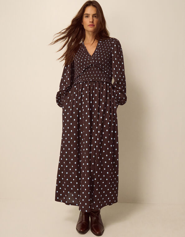 Shae Polka Dot Jersey Midi Dress, Brown (CHOCOLATE), large