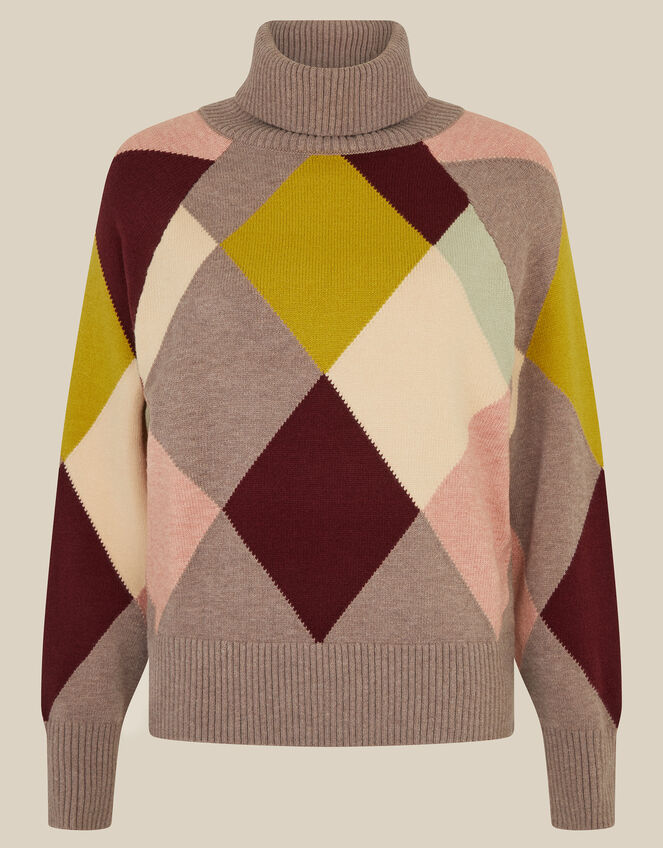 Avery Roll Neck Argyle Jumper, Mink (MINK), large