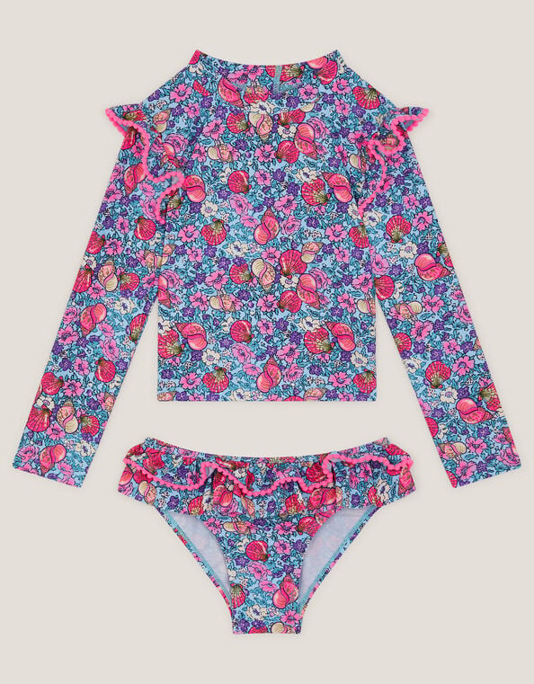Floral Shell UPF50+ Rash Vest Swim Set, Blue (BLUE), large