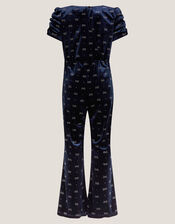Bow Embellished Velvet Flare Jumpsuit, Blue (NAVY), large