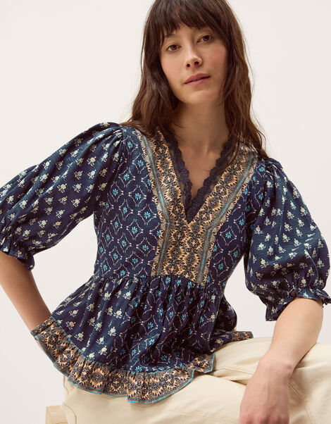 Stacee Puff Sleeve Print Jersey Top, Blue (NAVY), large