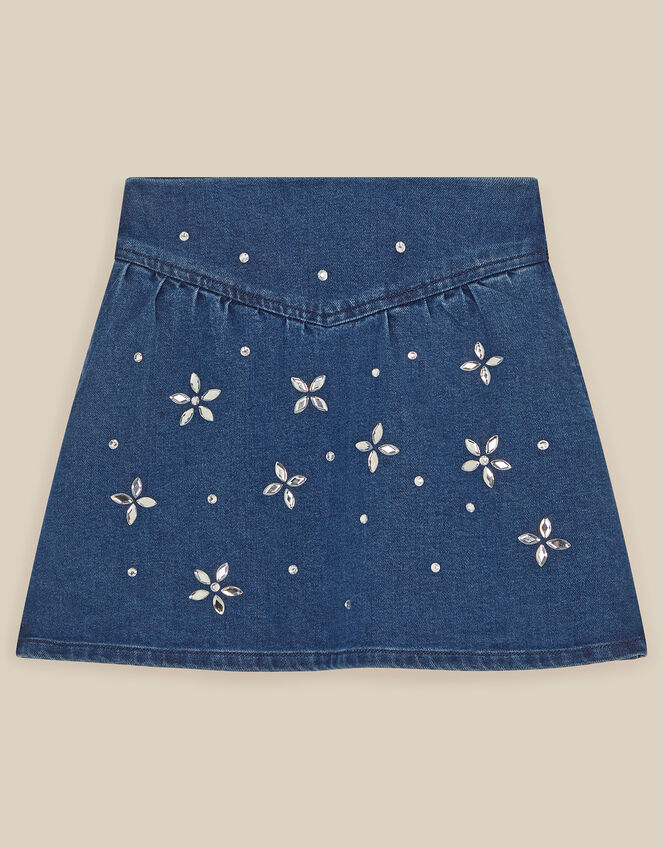 Jewel Flower Denim Skirt, Blue (BLUE), large