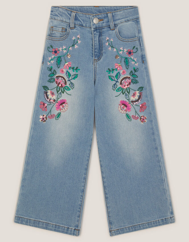 Sequin Floral Embroidered Wide Leg Jeans, Blue (BLUE), large
