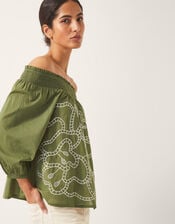 Julie Embroidered Bardot Top, Green (KHAKI), large