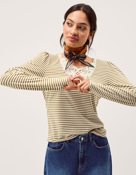 Lauren Lace Stripe Jersey Top, Ivory (IVORY), large