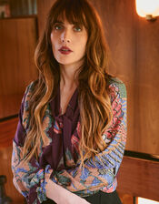 One Hundred Stars Crane Print Pussybow Blouse, Purple (PLUM), large