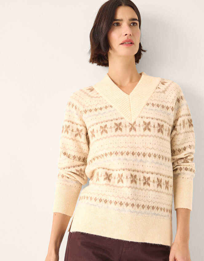 Febe V-Neck Fair Isle Sweater, Ivory (IVORY), large