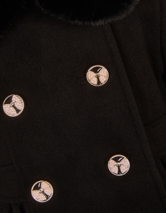 Faux Fur Collar Double-Breasted Coat, Black (BLACK), large