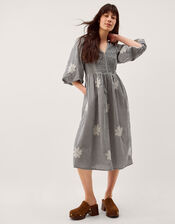 Mimi Puff Sleeve Gingham Midi Dress, Black (BLACK), large