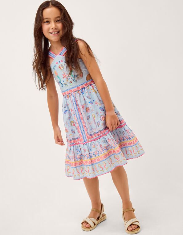 Mermaid Print Halter Dress, Blue (BLUE), large