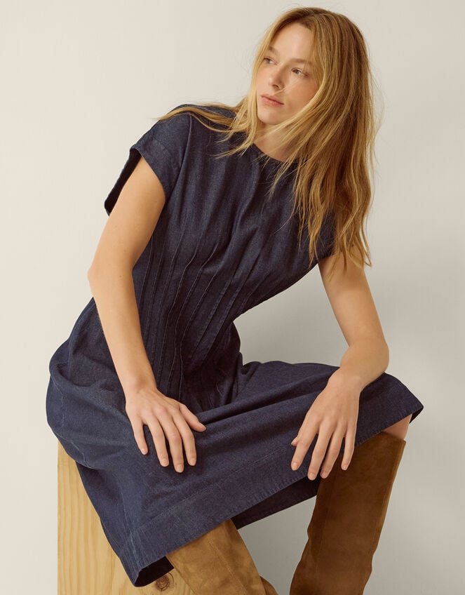 Jasmin Pleated Denim Midi Dress, Blue (DENIM BLUE), large