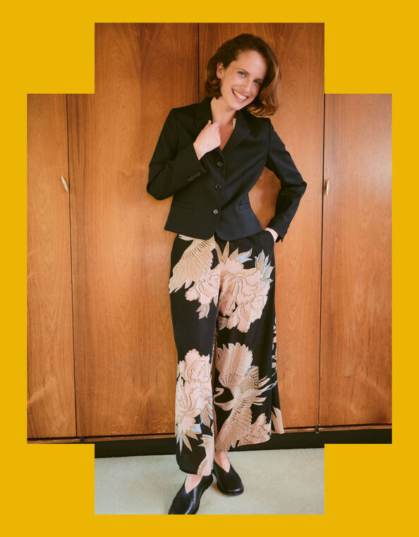 One Hundred Stars Crane Print Wide Leg Trousers, Black (BLACK), large