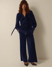 Tessa Neck Tie Velvet Shirt, Blue (MIDNIGHT), large