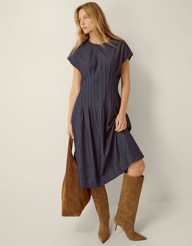 Jasmin Pleated Denim Midi Dress, Blue (DENIM BLUE), large