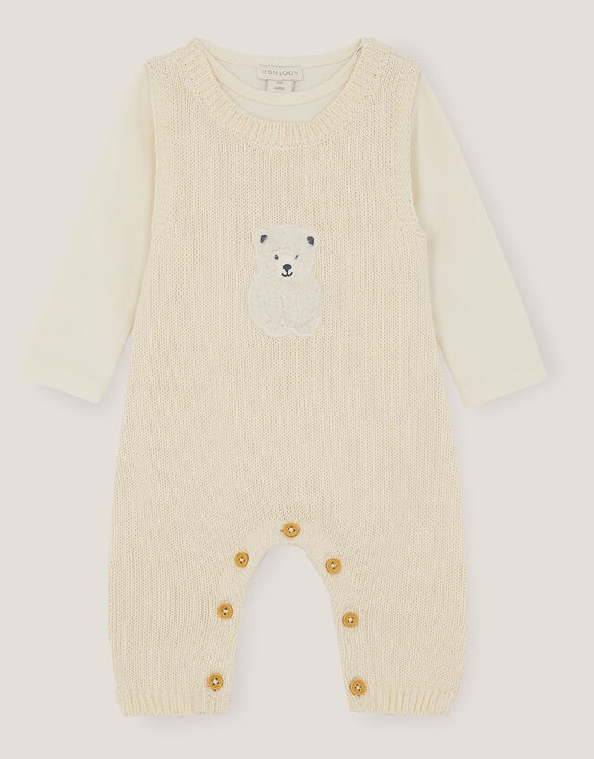 Newborn Polar Bear Knitted Dungarees Set, Ivory (IVORY), large