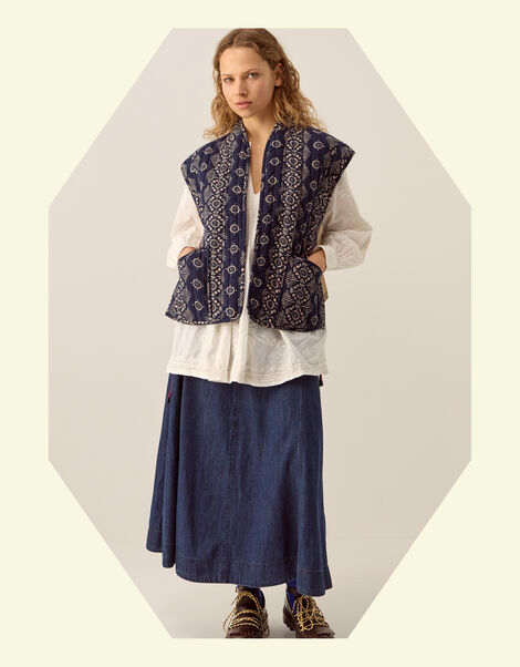 East Celine Reversible Print Quilted Waistcoat, Blue (NAVY), large