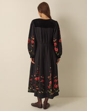 Camille Velvet Bow Floral Print Midi Dress, Black (BLACK), large