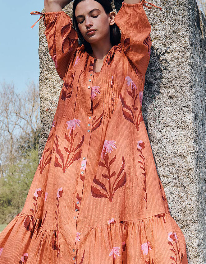 East Maisie Botanical Print Cotton Seersucker Dress, Orange (ORANGE), large