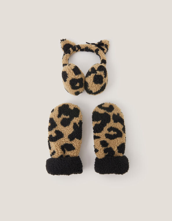 Borg Leopard Earmuff & Mitten Set, Multi (MULTI), large