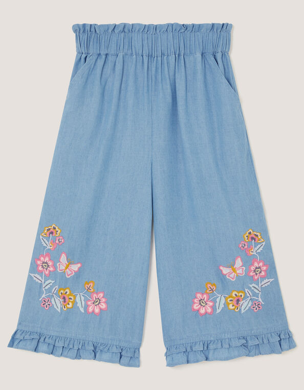 Floral Embroidered Wide Leg Pants, Blue (BLUE), large