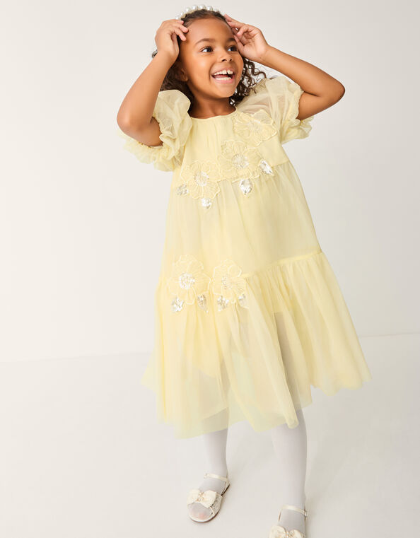 Leila Floral Embellished Party Dress, Yellow (LEMON), large