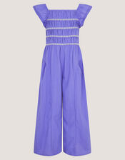 Floral Shirred Textured Jumpsuit, Blue (BLUE), large