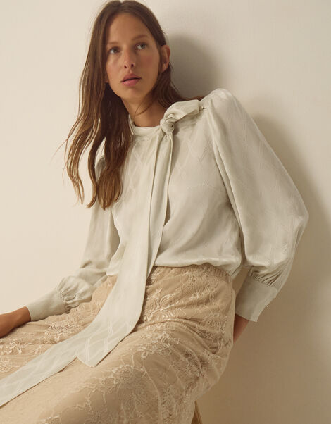 Skyla Jacquard Pussybow Blouse, Ivory (IVORY), large