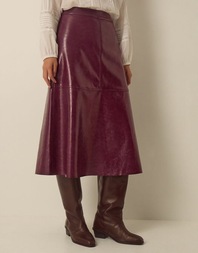 Pippa Faux Leather Midi Skirt, Red (BURGUNDY), large