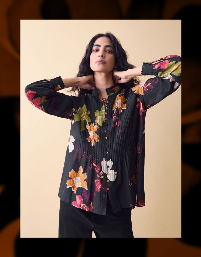 Clemence Camille Floral Print Blouse, Black (BLACK), large