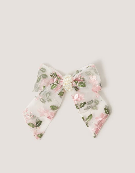 Embroidered Floral Pearl Bow Hair Clip, , large