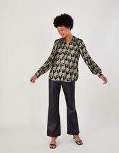 Rachel Metallic Print Blouse with Sustainable Viscose, Black (BLACK), large