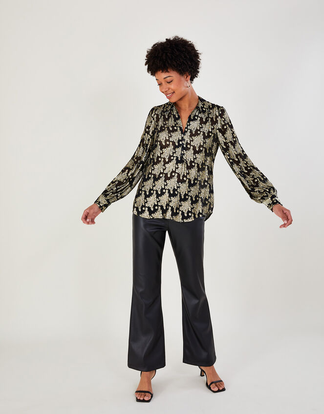 Rachel Metallic Print Blouse with Sustainable Viscose, Black (BLACK), large