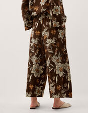 Esther Floral Linen Blend Wide Leg Trousers, Brown (CHOCOLATE), large
