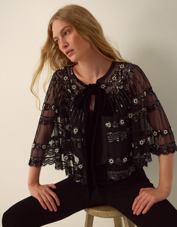 Monsoon x Queens of Archive Jerry Short Sequin Embellished Cape​, , large