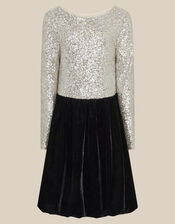 Long Sleeve Sequin Velvet Party Dress, Black (BLACK), large