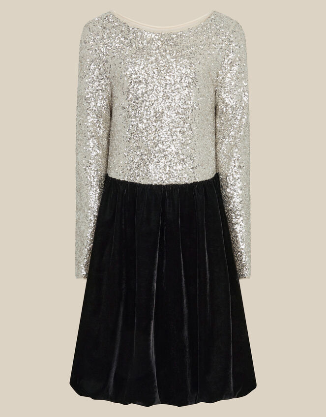 Long Sleeve Sequin Velvet Party Dress, Black (BLACK), large