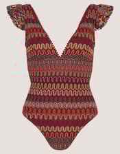 Zaria Plunge Knit Ruffle Swimsuit, Red (BURGUNDY), large