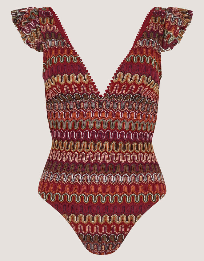 Zaria Plunge Knit Ruffle Swimsuit, Red (BURGUNDY), large