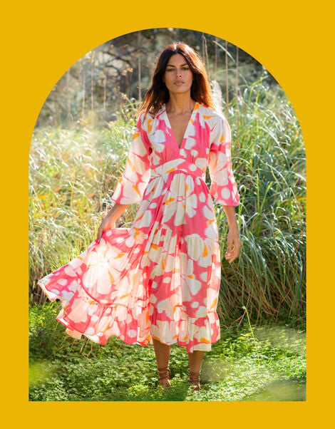 La Galeria Elefante Print Tiered Midi Dress, Orange (ORANGE), large
