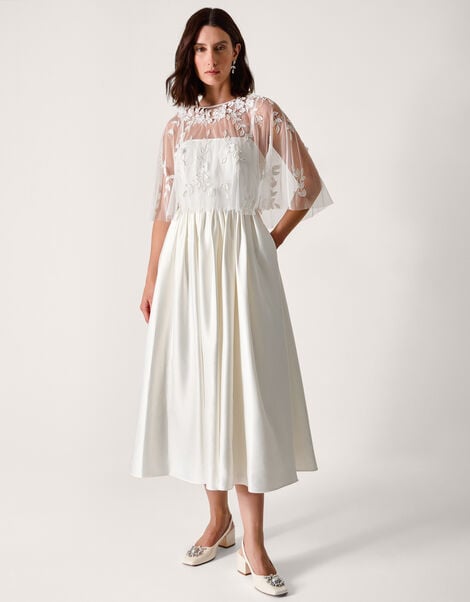 Celeste Satin Wedding Dress with Floral Embellished Cape, Ivory (IVORY), large