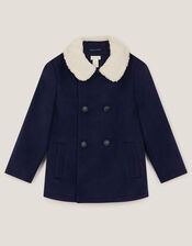 Faux Shearling Collar Pea Coat, Blue (NAVY), large